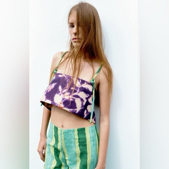 Zara Linen Blend Tie-Dye Crop Top Purple Green Small NWT - Picture 1 of 4